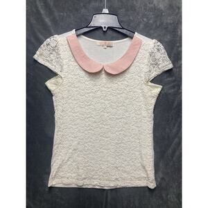 VTG Pink Peter Pan Collar Cream Floral Lace Top XL Coquette Fairy Academia 1950s